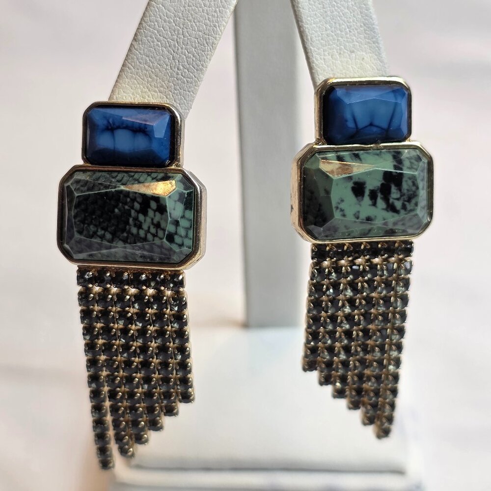 Inc. Gold Tone Stone and Crystal Fringe Drop Stud Earrings Green & Blue Stones